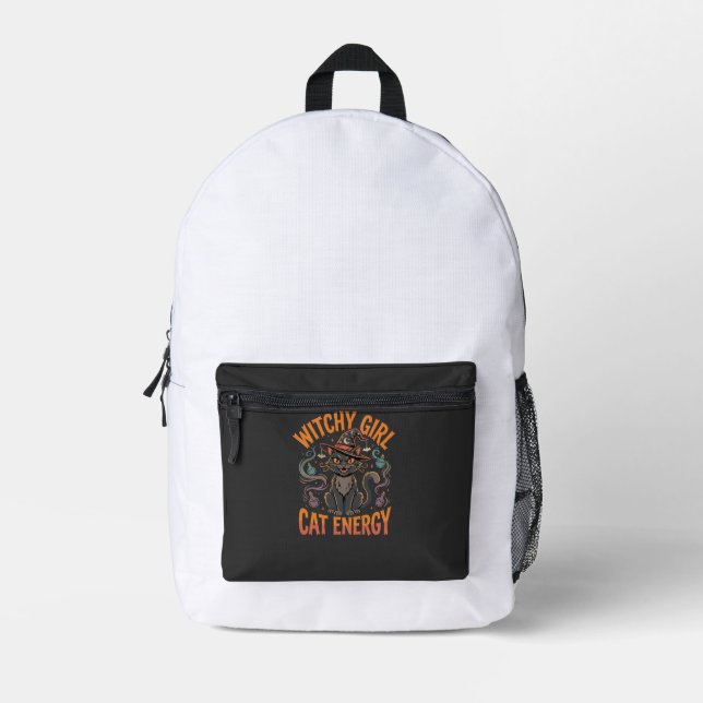 Halloween Cat Witch Vibes Printed Backpack (Front)
