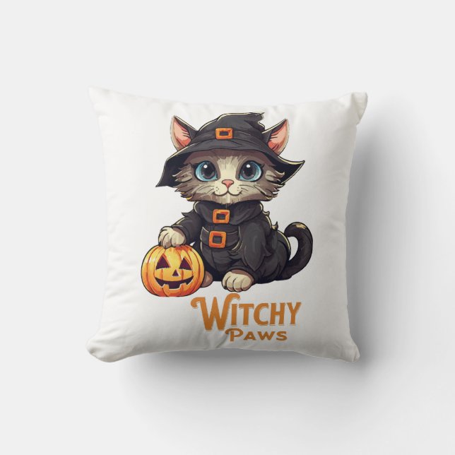 Halloween Cat Witchy Paws Throw Pillow (Front)