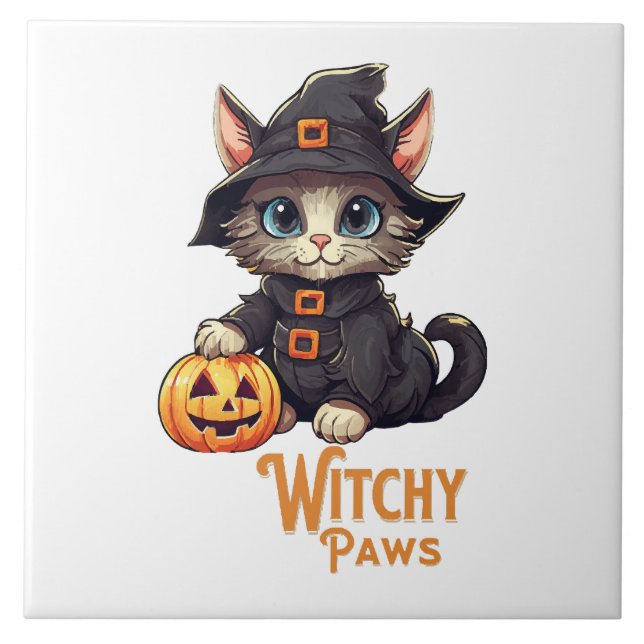 Halloween Cat Witchy Paws Tile (Front)