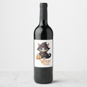 Halloween Cat Witchy Paws Wine Label