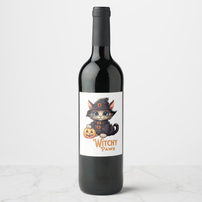Halloween Cat Witchy Paws Wine Label (Front)