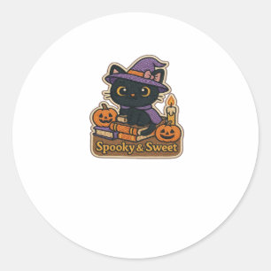 Halloween Cat with Magic Books � Spooky & Sweet Em Classic Round Sticker