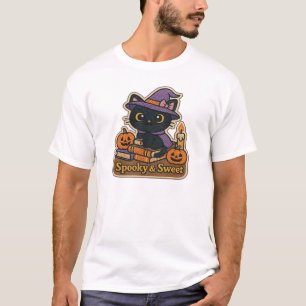 Halloween Cat with Magic Books  Spooky & Sweet Emb T-Shirt
