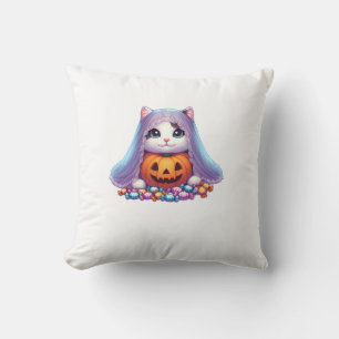 Halloween Cat with Pumpkin and Candy Long Sleeve T Throw Pillow