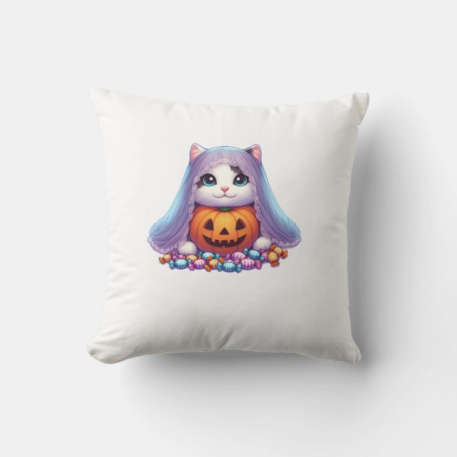 Halloween Cat with Pumpkin and Candy Long Sleeve T Throw Pillow (Front)