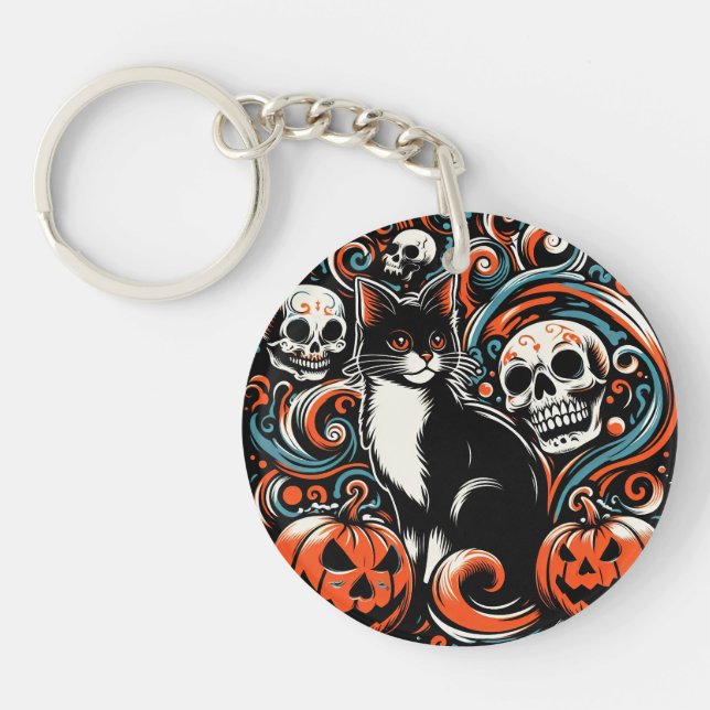 Halloween Cat with Pumpkins Keychain (Front)