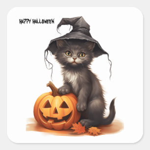 Halloween cat with pumpkins square sticker