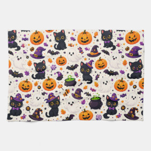 Halloween Cats And Ghosts Repeat Pattern Scene 🎃 Kitchen Towel