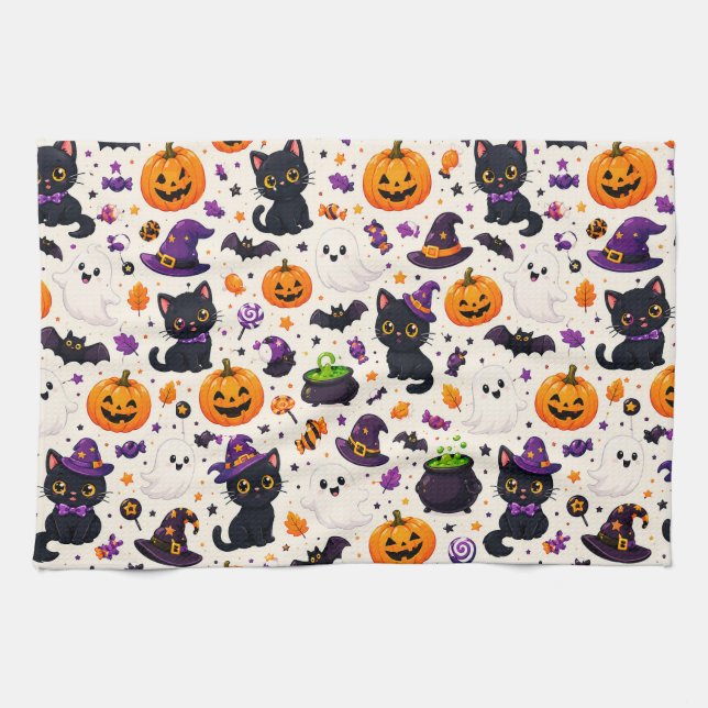 Halloween Cats And Ghosts Repeat Pattern Scene 🎃 Kitchen Towel (Horizontal)
