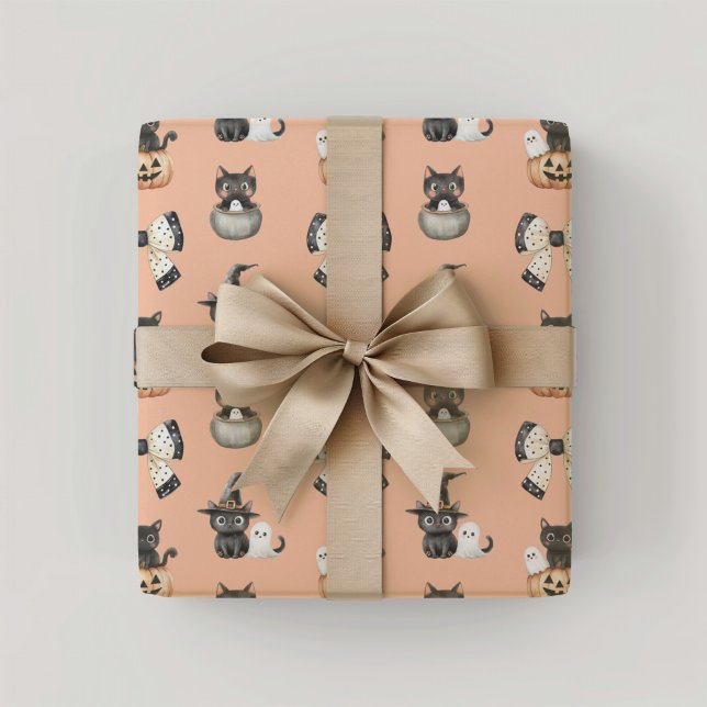 Halloween Cats and Ghosts Wrapping Paper (Blush Cats and ghosts Halloween Wrapping Paper)