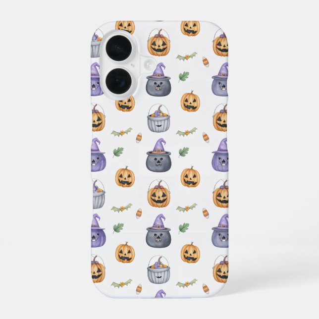 Halloween Cats and Pumpkins Pattern iPhone 16 Case (Back)