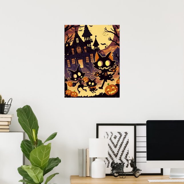Halloween Cats by the Haunted House Poster (Home Office)