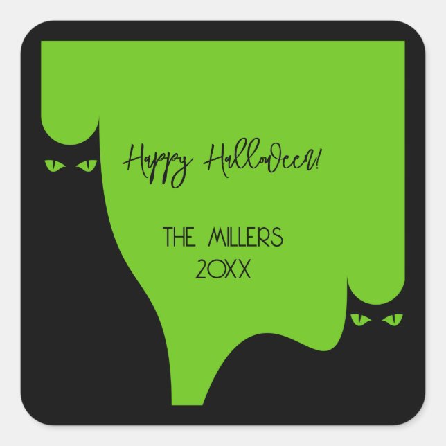 Halloween Cats Eyes Silhouette Black Green Modern Square Sticker (Front)