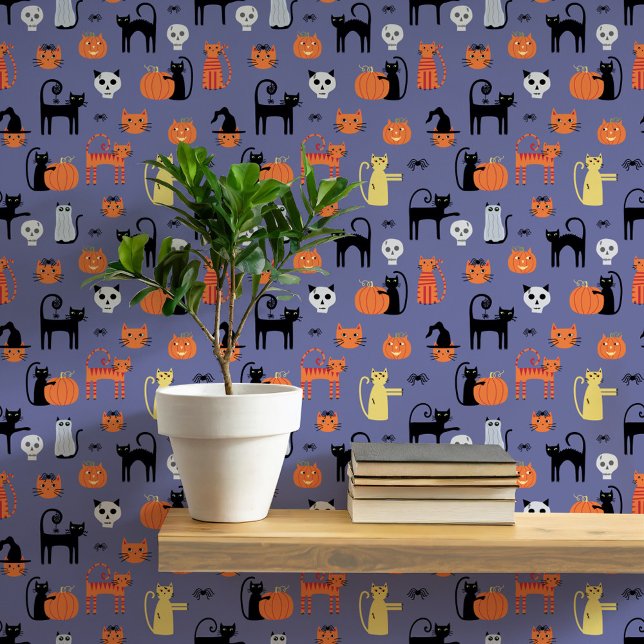 Halloween Cats Pattern Wallpaper (Fun Halloween black and orange cats, pumpkins, witches, zombies and skulls peel and stick wallpaper)