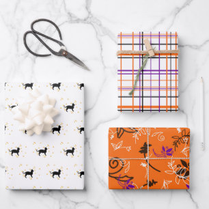 Halloween Cats, Plaids and Flowers Wrapping Paper Sheet