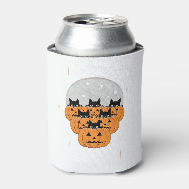 Halloween  Cats  Pumpkins  Black Background  Illus Can Cooler (Can Front)