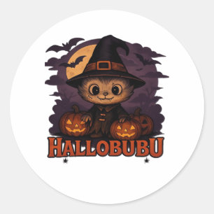 Halloween Cats Pumpkins Black Background Illus Classic Round Sticker