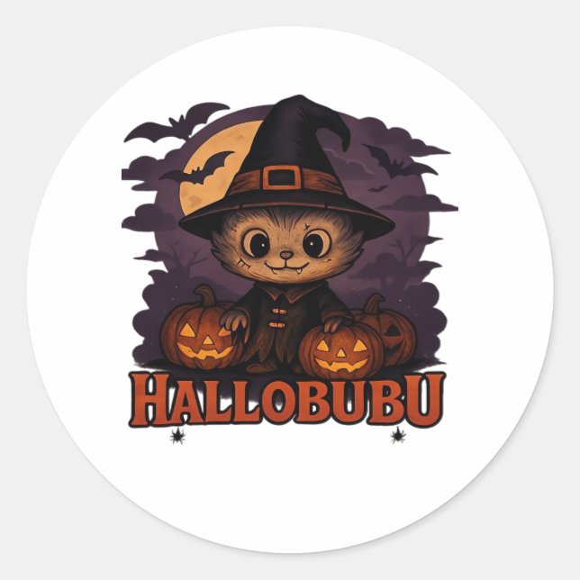 Halloween  Cats  Pumpkins  Black Background  Illus Classic Round Sticker (Front)