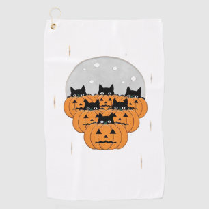 Halloween Cats Pumpkins Black Background Illus Golf Towel