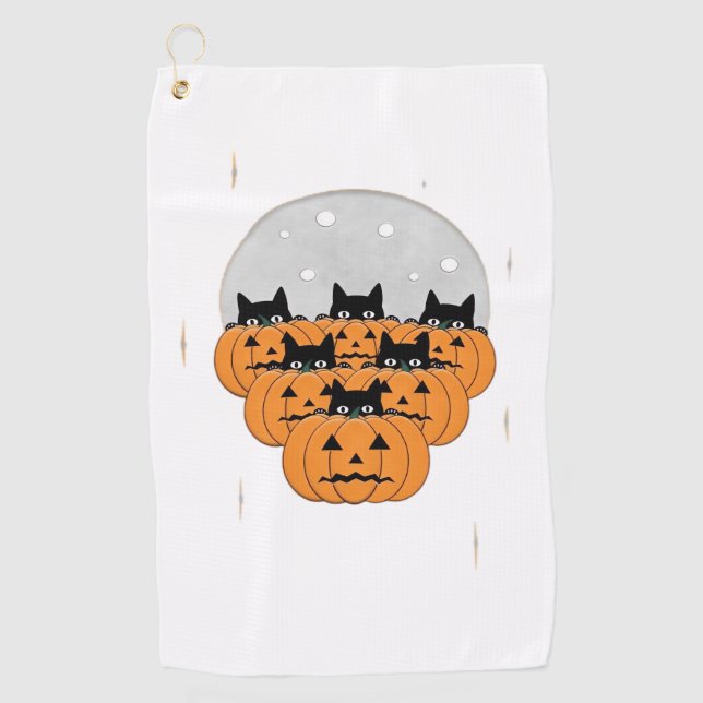 Halloween  Cats  Pumpkins  Black Background  Illus Golf Towel (Front)