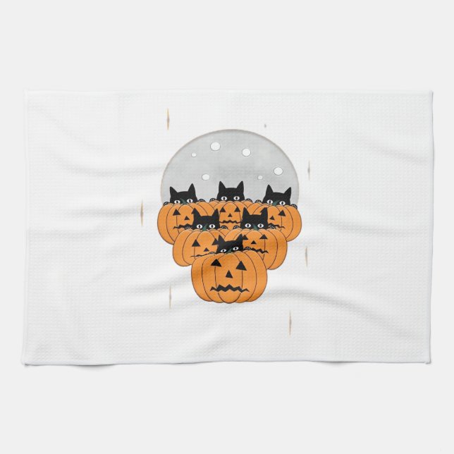 Halloween  Cats  Pumpkins  Black Background  Illus Kitchen Towel (Horizontal)