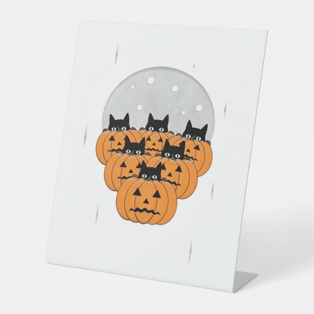 Halloween  Cats  Pumpkins  Black Background  Illus Pedestal Sign (Front)