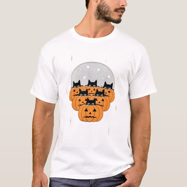 Halloween  Cats  Pumpkins  Black Background  Illus T-Shirt (Front)