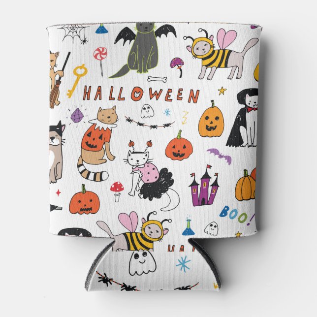 Halloween Cats Vintage Line Pattern Can Cooler (Front)