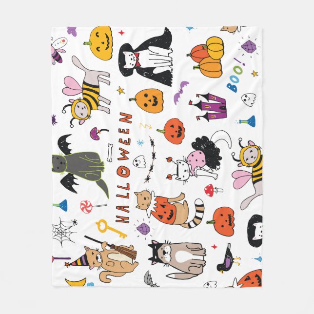 Halloween Cats Vintage Line Pattern Fleece Blanket (Front)
