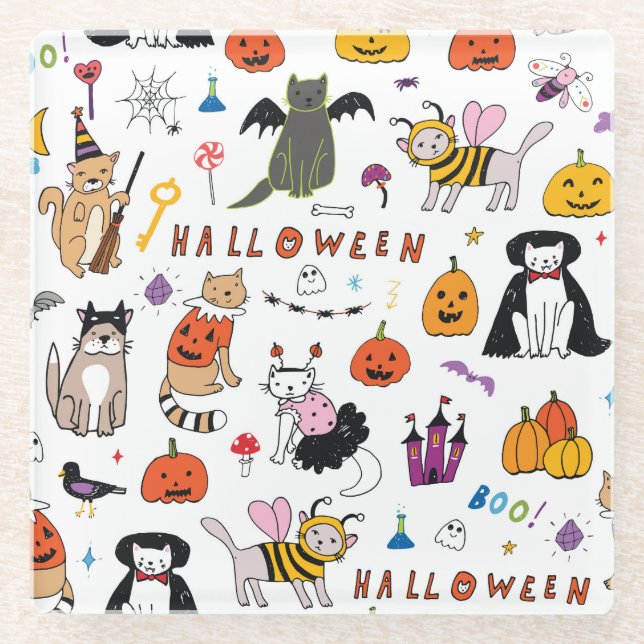 Halloween Cats Vintage Line Pattern Glass Coaster (Front)