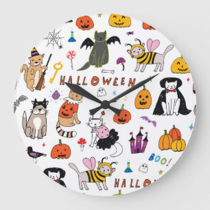 Halloween Cats Vintage Line Pattern Large Clock