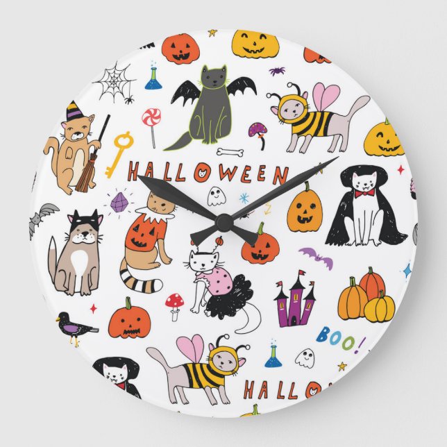 Halloween Cats Vintage Line Pattern Large Clock (Front)