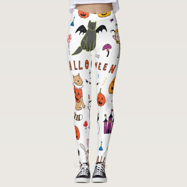 Halloween Cats Vintage Line Pattern Leggings (Front)