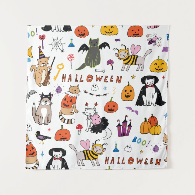 Halloween Cats Vintage Line Pattern Tapestry (Front)