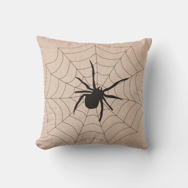 Halloween Caught in a Web Spider Burlap Throw Pillow (Front)