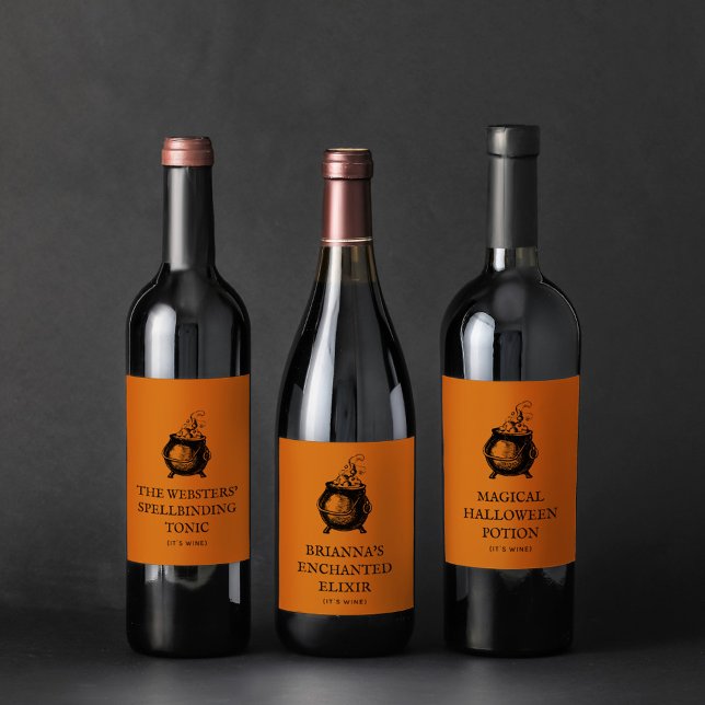 Halloween cauldron funny orange personalized wine label (Creator Uploaded)