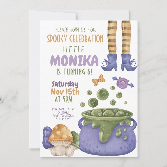 Halloween Cauldron Purple Witch Birthday Invitation (Front)
