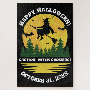 Halloween Caution Witch Crossing Flying Broomstick Jigsaw Puzzle