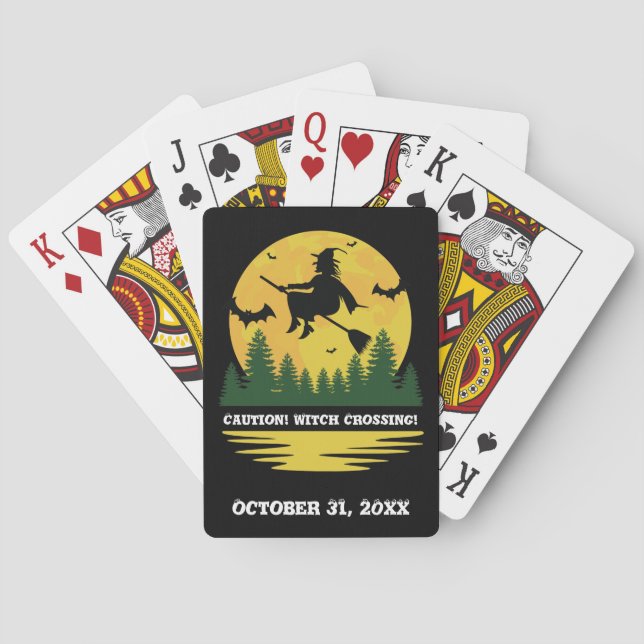 Halloween Caution Witch Crossing Flying Broomstick Playing Cards (Back)