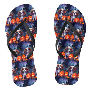 Halloween Cavalier King Charles Spaniel Pumpkins Flip Flops