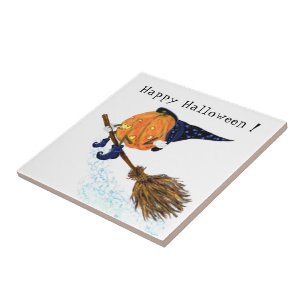 Halloween Ceramic Tile Witch Pumpkin Flying Broom