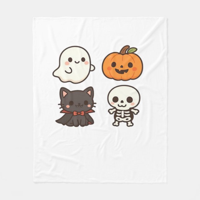 Halloween Characters – Ghost, Pumpkin, Black Cat & Fleece Blanket (Front)