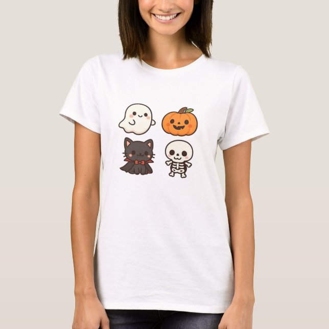 Halloween Characters � Ghost, Pumpkin, Black Cat & T-Shirt (Front)