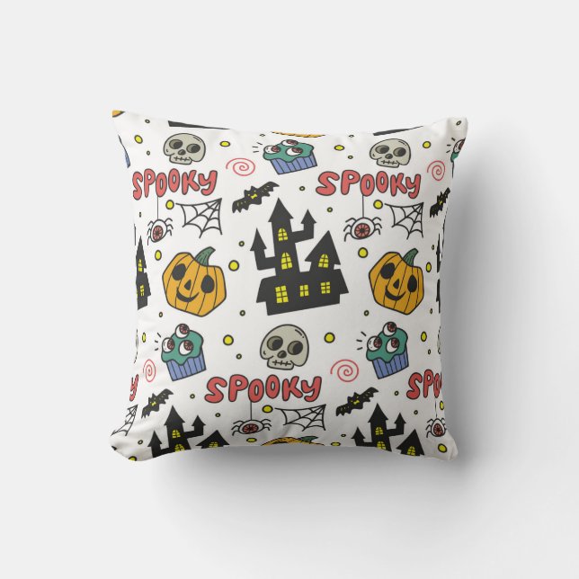 Halloween Characters: Whimsical Seamless Pattern Throw Pillow (Front)