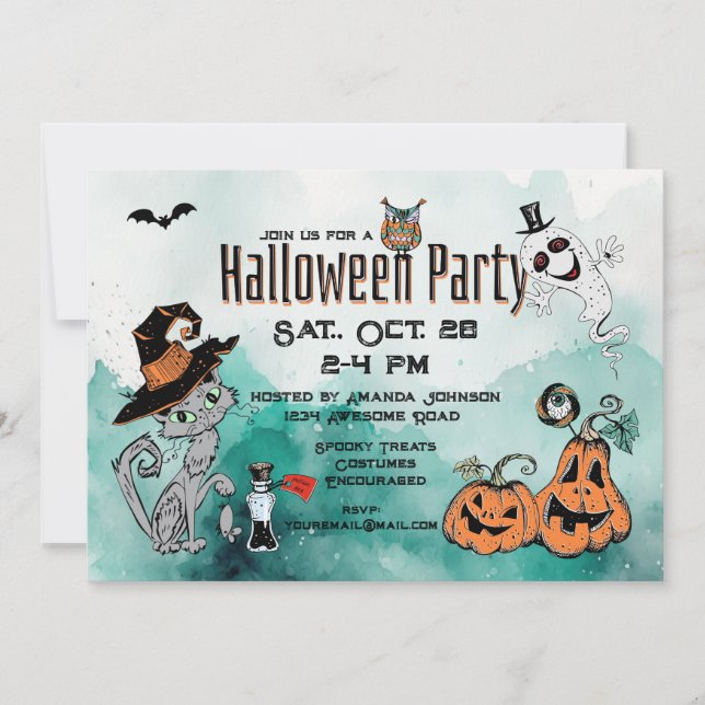 Halloween Chat et Doodle fantôme Invitation (Devant)