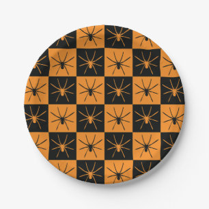 Halloween Checkers Pattern with Spiders Paper Plate