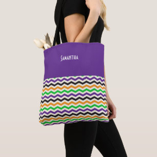 Halloween Chevron Green Purple Black Orange Name Tote Bag