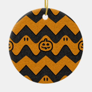 Halloween Chevron Pattern with Ghosts and Pumpkins Ceramic Ornament