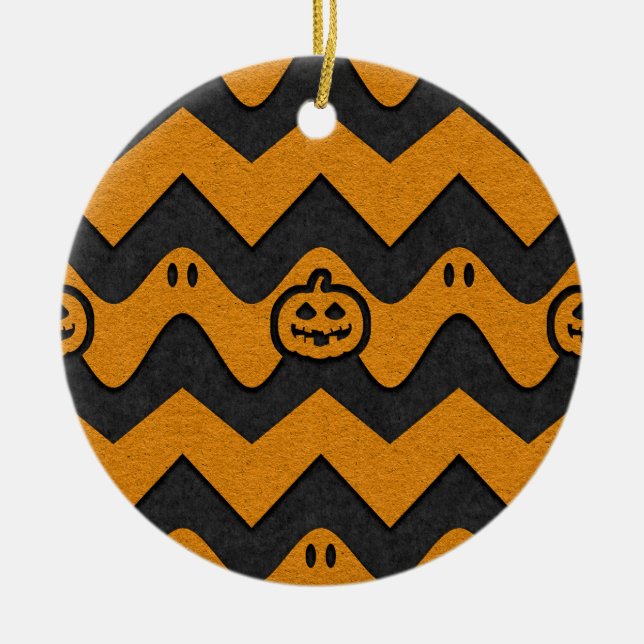 Halloween Chevron Pattern with Ghosts and Pumpkins Ceramic Ornament (Front)