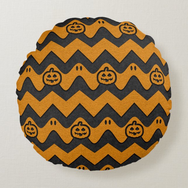Halloween Chevron Pattern with Ghosts and Pumpkins Round Pillow (Front)